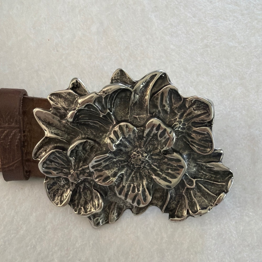 Garuglieri Italy Brown Leather Floral Embossed Belt Silver Flower Buckle Large - Picture 9 of 10